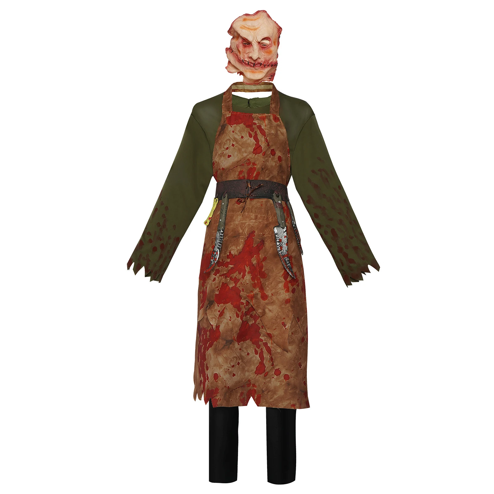 

Anime 4 Pcs Butcher Halloween Cosplay Costume for Adult Men Bloody Apron Green Blouse Leatherface Mask with Knife Shape Belt