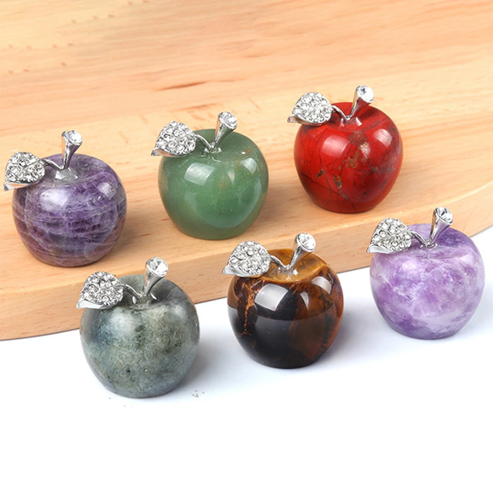 Natural Stone Apple Statue Healing Crystal Rose Quartz Opal Fruit Statue Carving Figurine Home Decor
