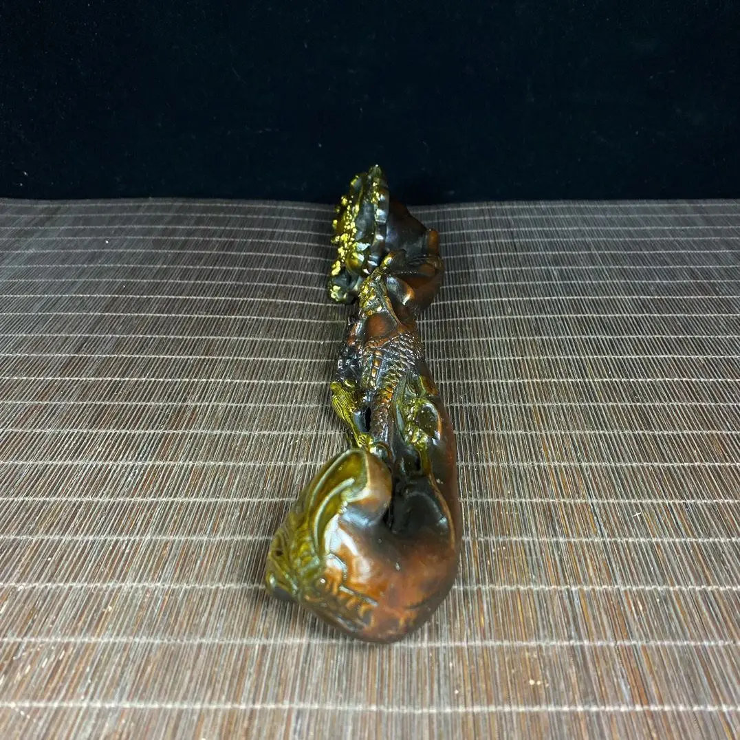 Gilt Brass Dragon Ruyi Scepter Ornament, Auspicious Fortune Decor with Longevity Crane Pattern