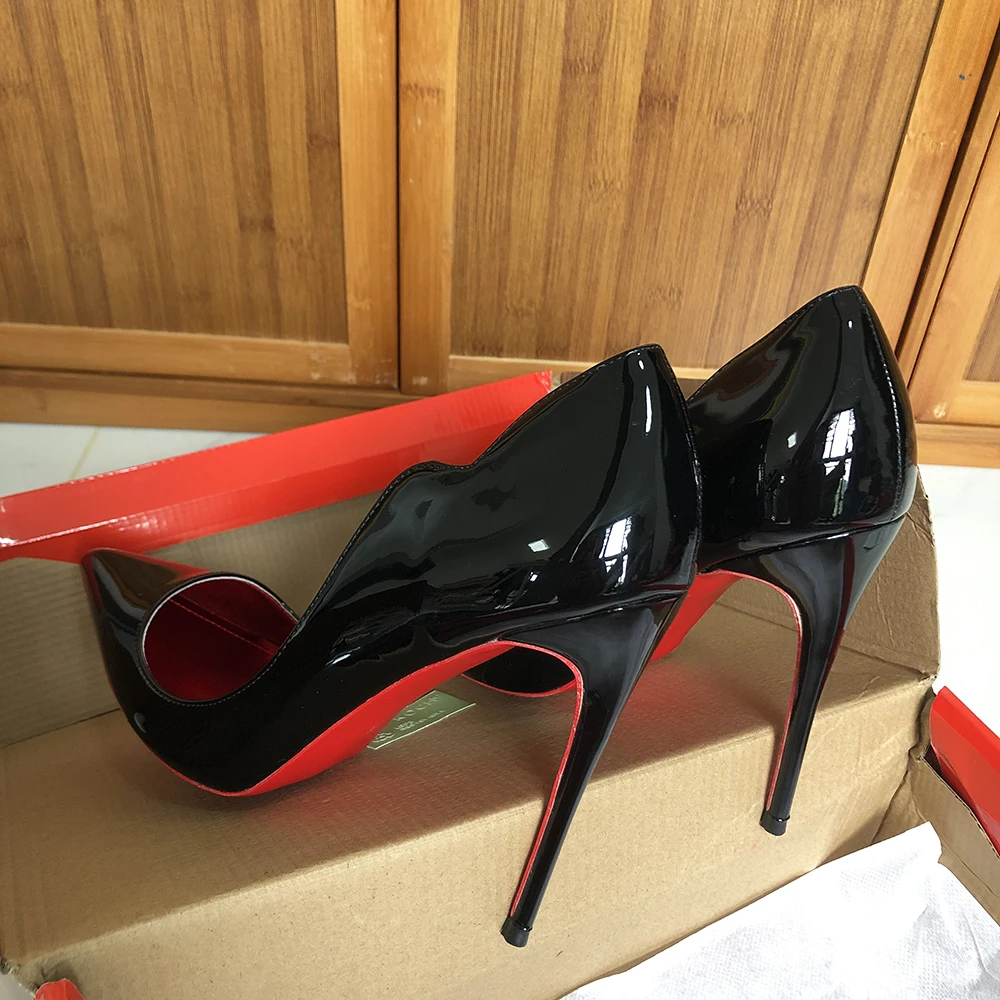 Heelgoo Elegant Glossy Black Curl Cut Women Pointy Toe 12cm High Heel Shoes Sexy V Cut Lady Party Wedding Stiletto Pumps Size46