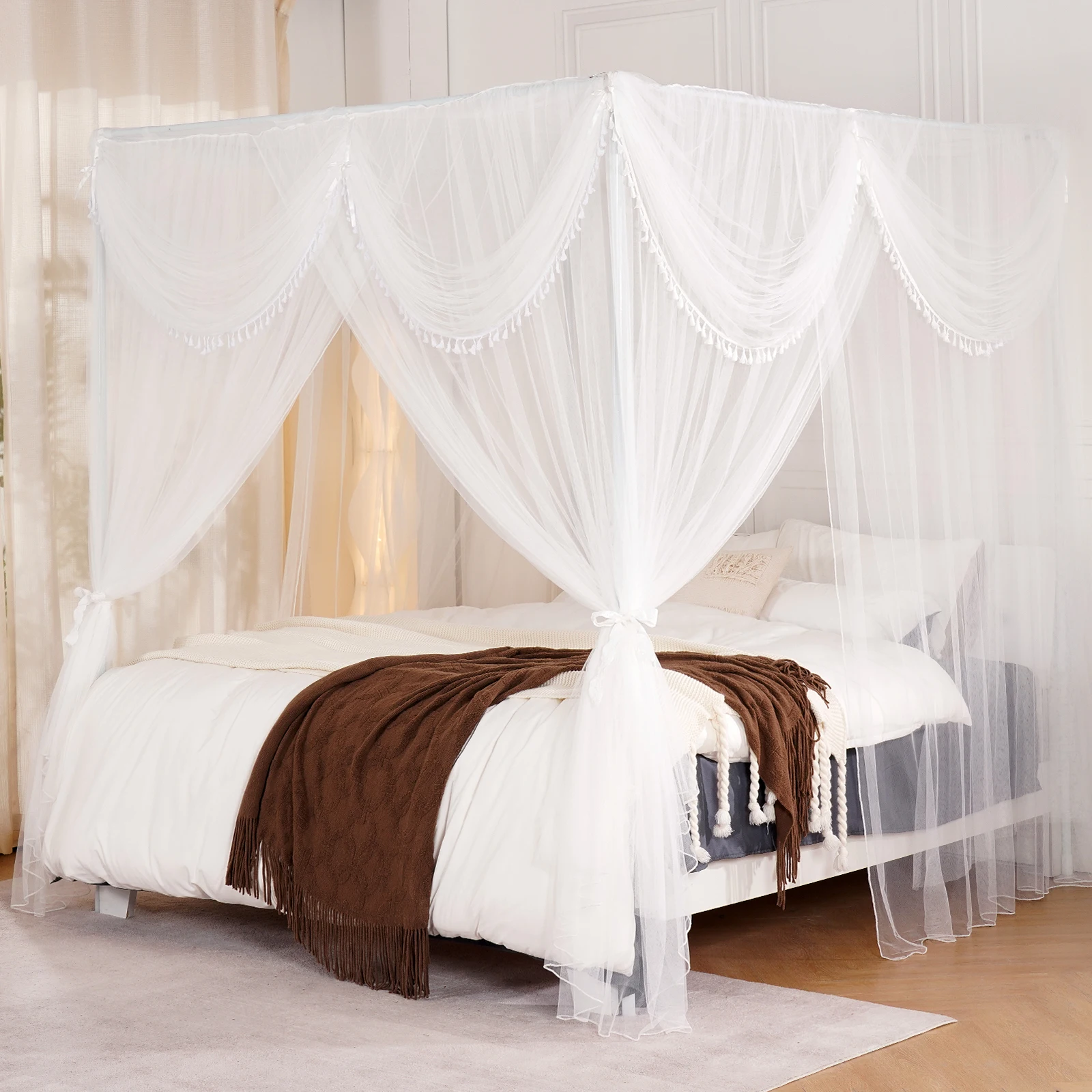 1Pc Large Four Door Square Mosquito Net with tassels Princess Bed Mosquito Net Water Wave Valance Bedding decoration