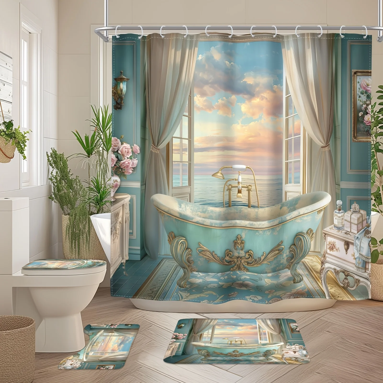 Shower Curtain: Luxurious Ocean View with Vintage Bathtub and Serene Sunset for an Elegant Bathroom Decor