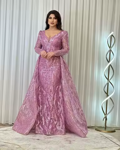 Custom Elegant Purple Women's Prom Dress With O-Neck Long Sleeve Wavy Pattern Sequin Vestidos Party Evening Dress Customiz