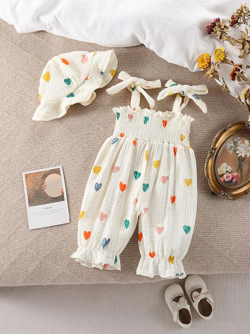 New Summer Baby Rompers 3-18M Sweet Flower Infant Jumpsuit with Hat Sleeveless Love Toddler One Piece Girls Clothes