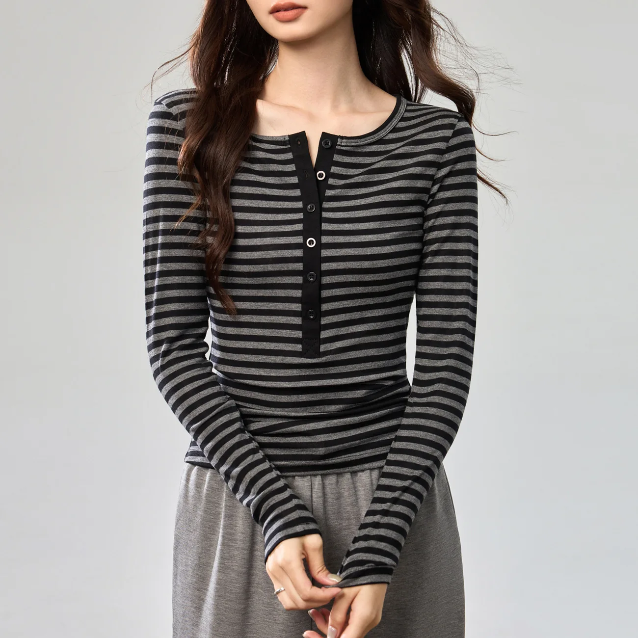 Women Black Grey Striped Henley Long Sleeve T Shirt Button Placket Slimming Daily Wear Basic Top Female Tee