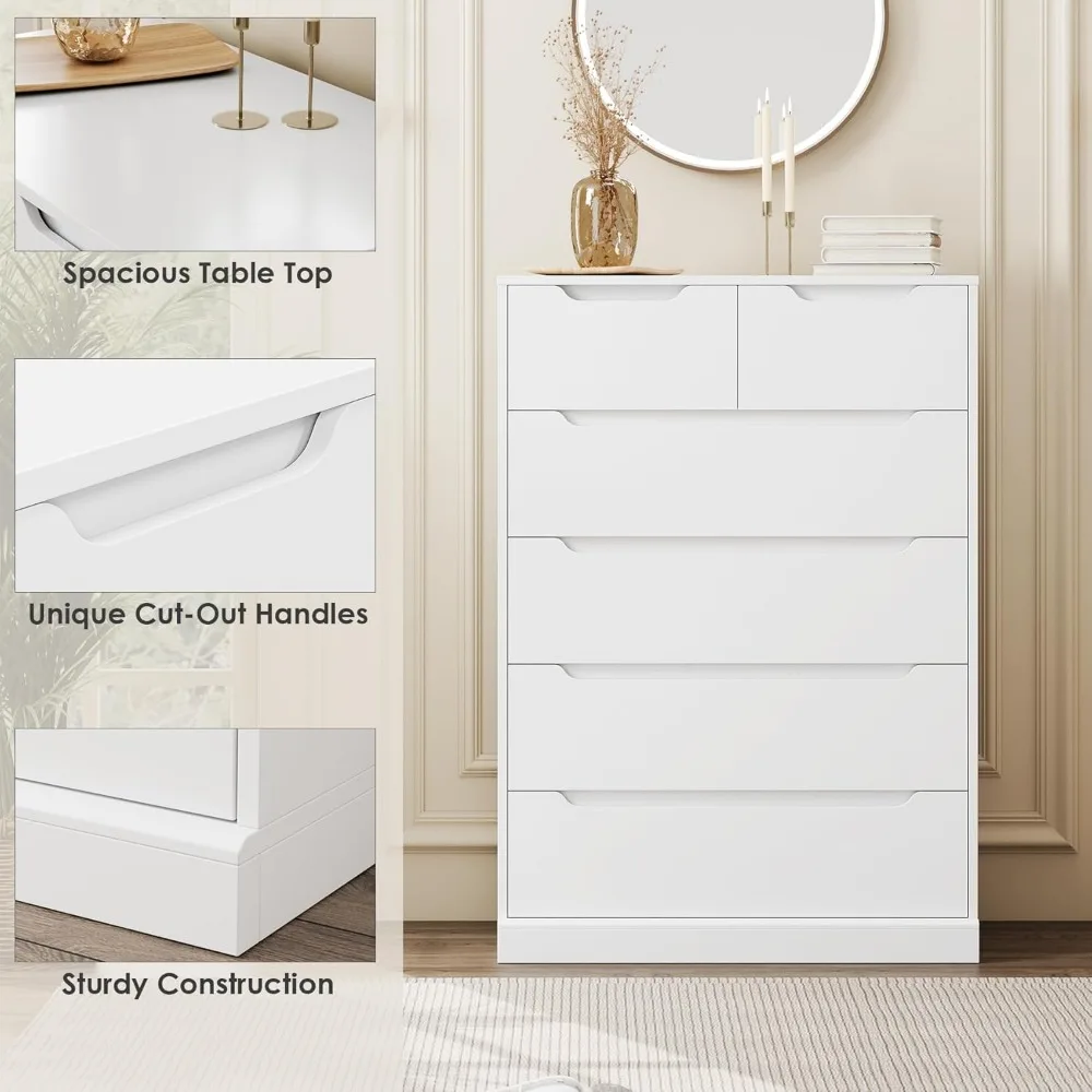 HOSTACK Modern 6 Drawer Dresser for Bedroom, Tall Chest of Drawers with Storage, Large Wood Storage Chest Organizer with Cut-Out