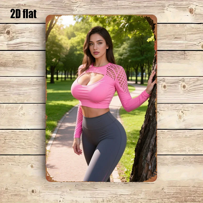 Vintage Metal Tin Sign, Fitness Woman In Pink Mesh Long Sleeve Crop Top Grey Leggings Park Path Retro Wall Decor for Garage