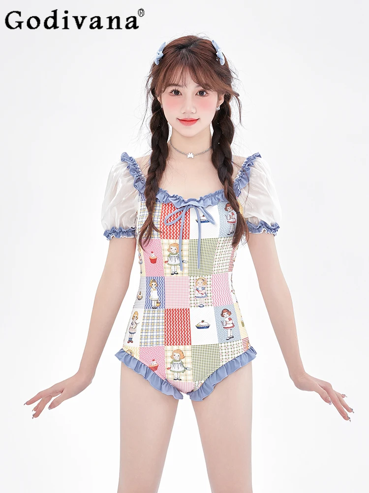 Original Japanese Girl Sweet Y2k Cartoon Print Puff Sleeve Student One-Piece Swimsuit Female Summer Fashion Casual Swimwear