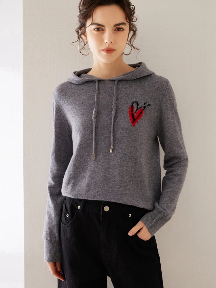 

ADDONEE Women 100% Cashmere Sweater Heart Knit Hooded Pullover Autumn Winter Casual Loose 100% Cashmere Knitwear Korean Tops