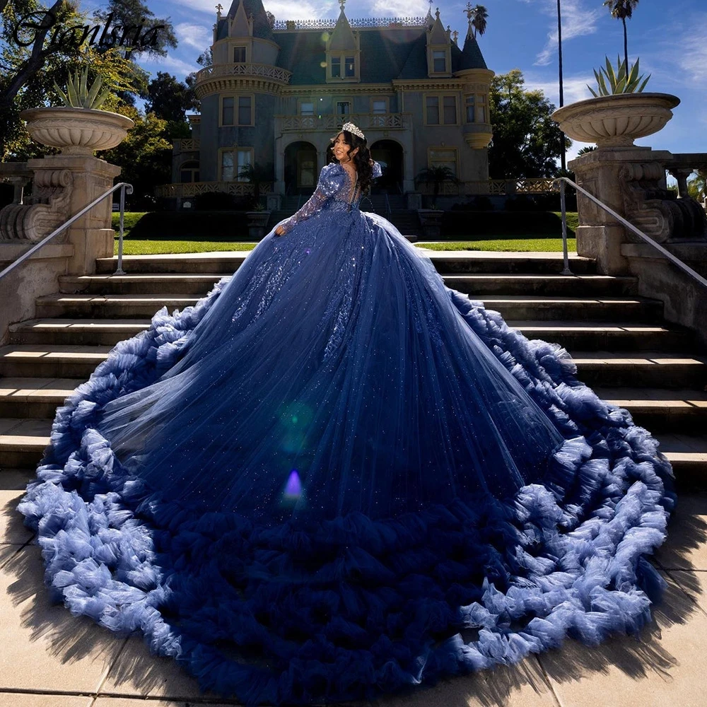 Navy Blue Tiered Tulle Pleat Ball Gown Quinceanera Dresses Long Sleeve Sequined Appliques Lace Corset Vestidos De 15 Años