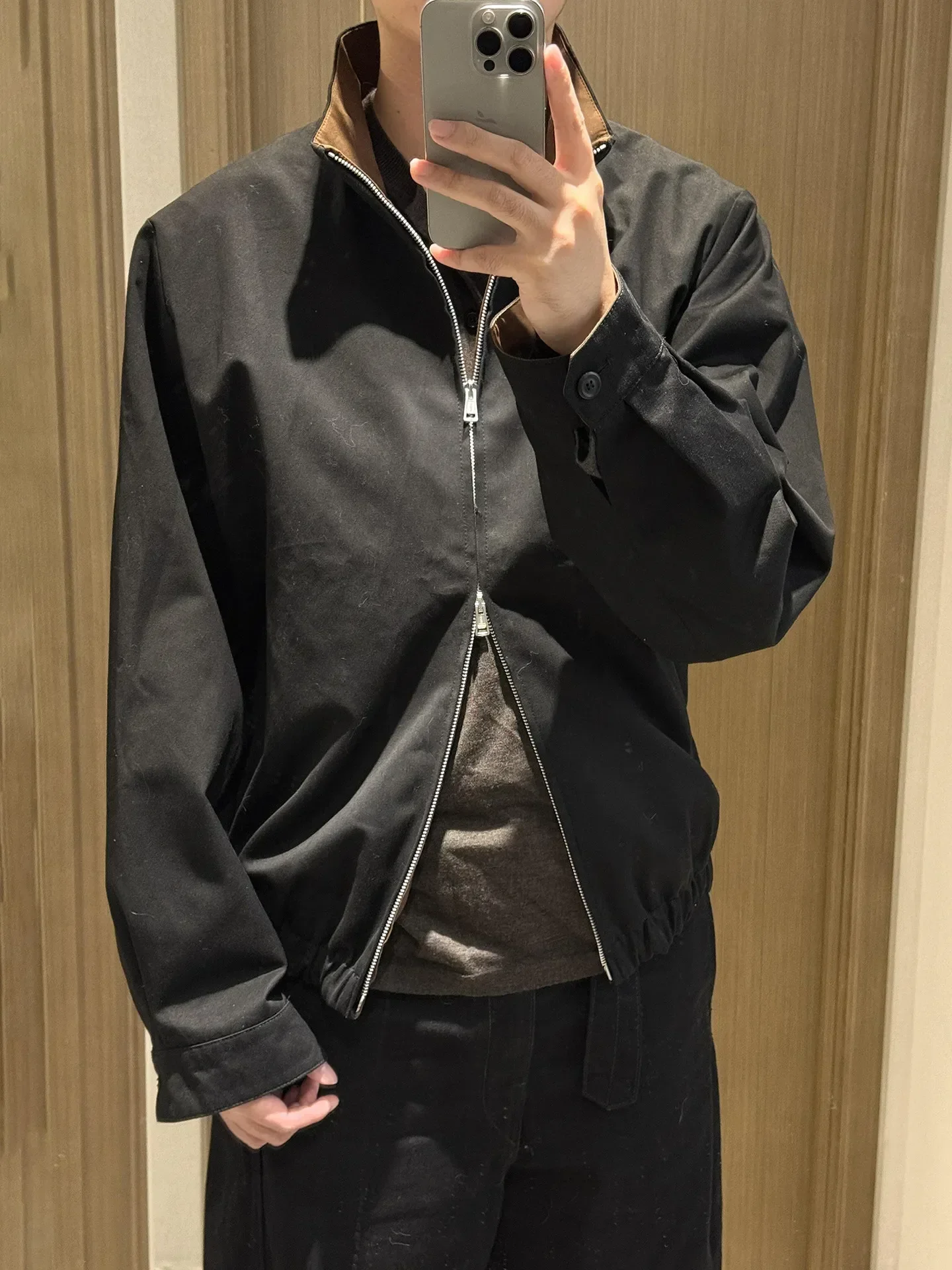 OL black double zipper contrasting color stand-up collar casual Caison jacket