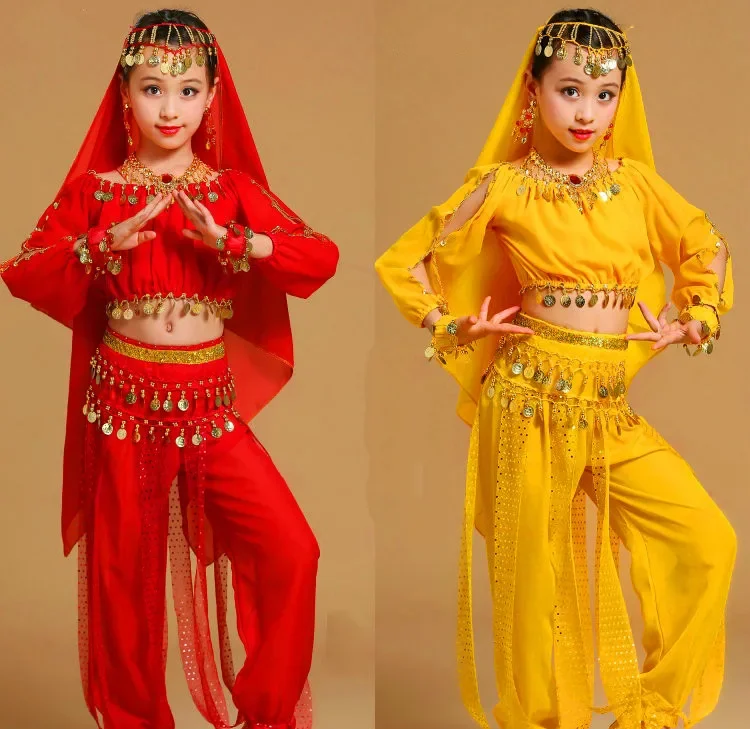 4 Color Girls Long Sleeve Oriental Dance Costumes for Children Indian Dress Sequin Bollywood Dancing Suit Stage Performance