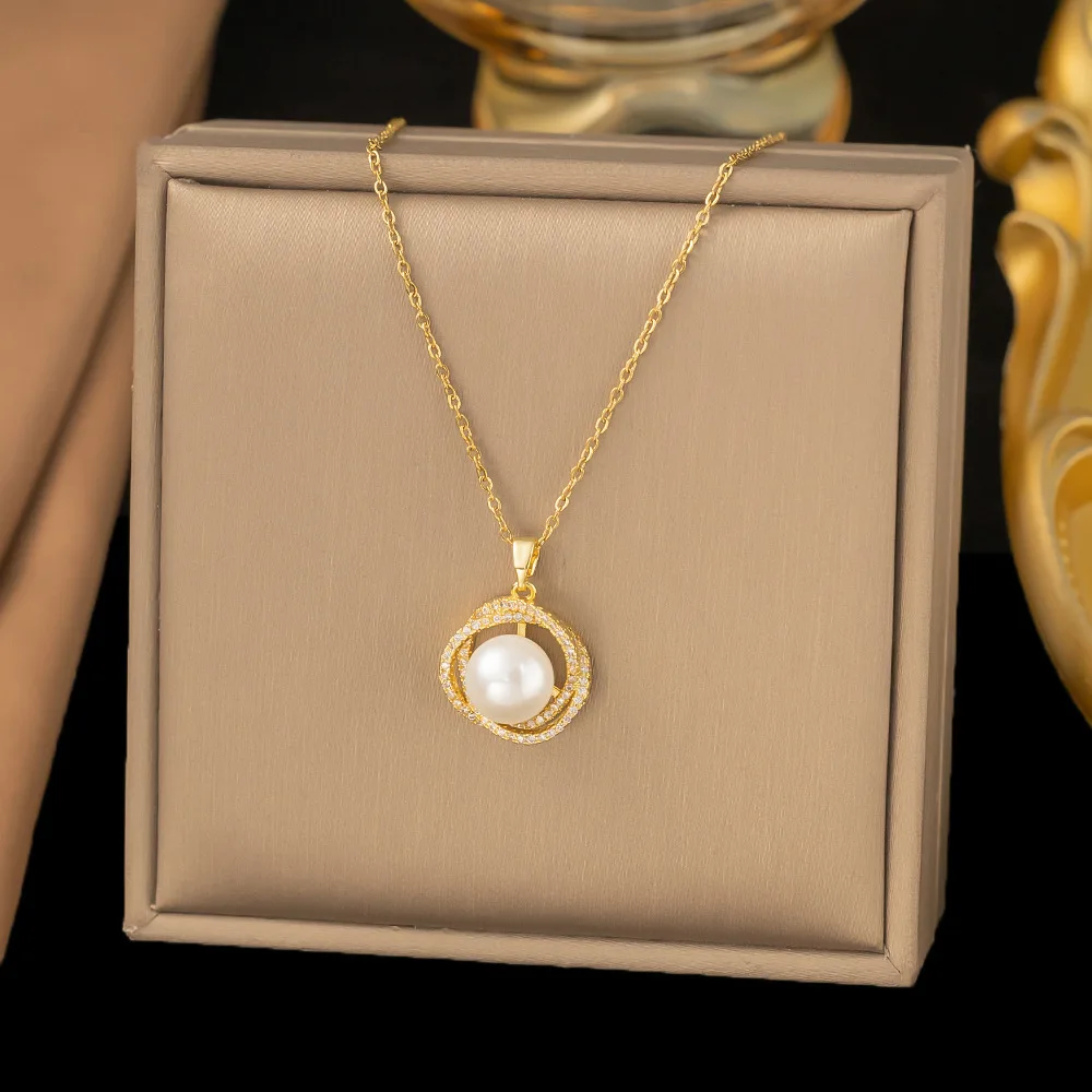 Trendy Pearl Pendant Necklace for Women Gold Color Metal Chain Rhinestone Necklaces Collar Choker Fashion Party Jewelry Gifts