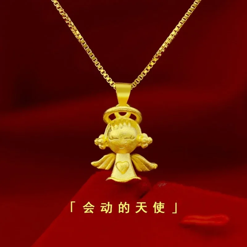 9999 real gold 24K yellow gold Little angel necklace pendant frosted fashion love angel lady clavicle chain pendant