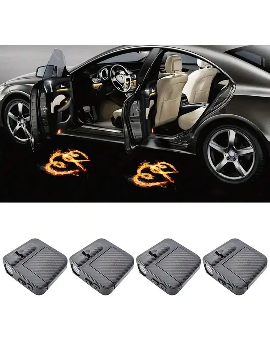 4-Piece Door Lights - Orange Heart-Shaped Logo Projector - Universal Wireless Door LED Projection Lamp, Door Foot LED Welcome