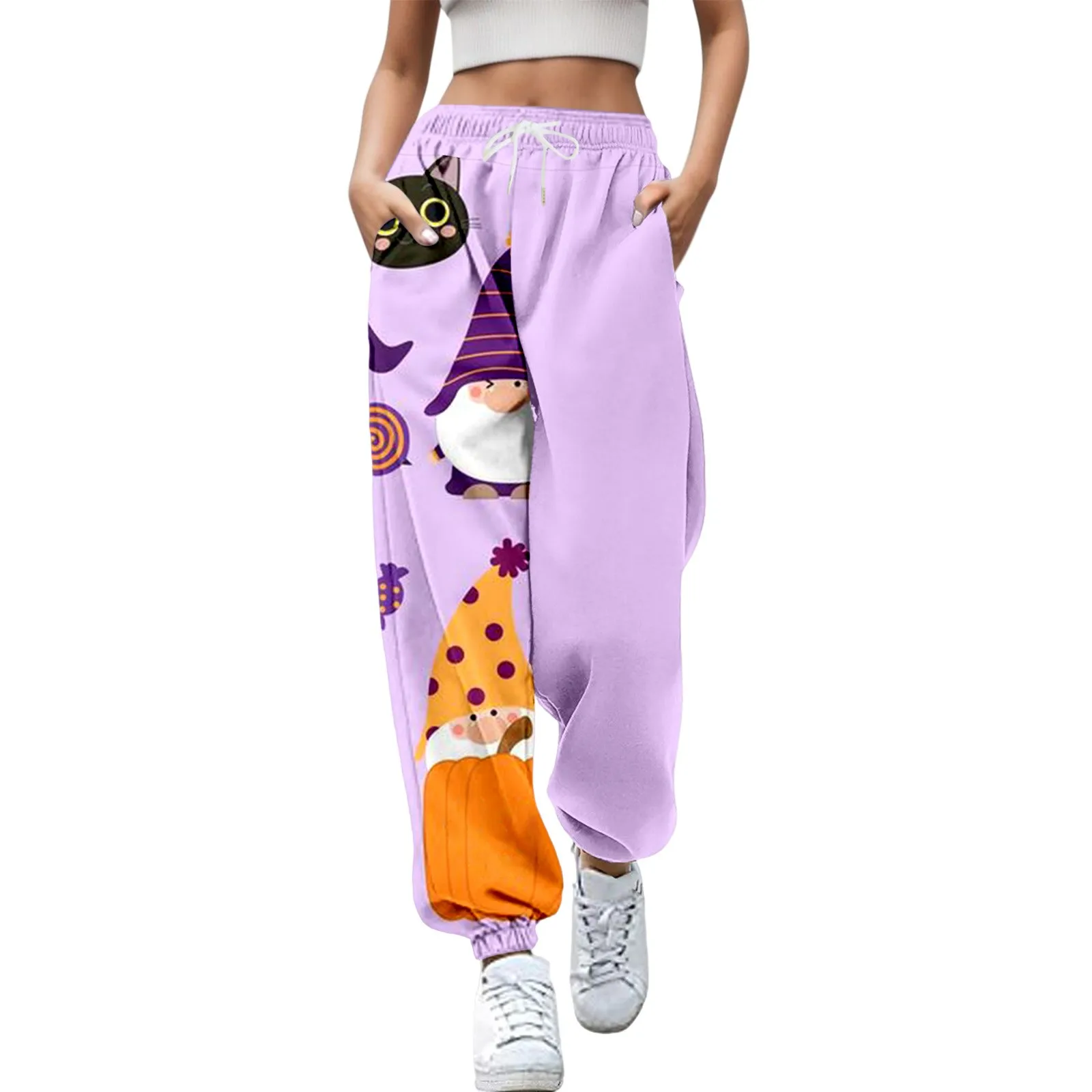 Pantalon de survêtement taille haute surdimensionné pour femme, coupe Halloween, confortable, bleu Kawaii, droit, fantôme, imprimé Aliments