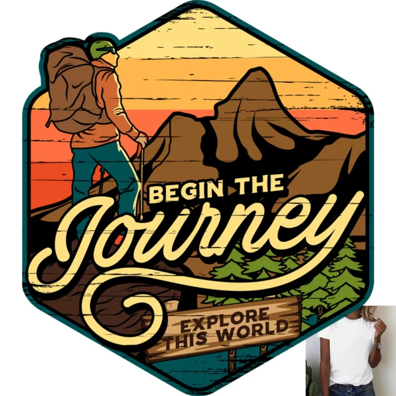 Vintage Outdoor Adventure Heat Transfer White Ink Iron - on Patch, Hiking Print, Suitable for T - Shirts/Canvas Bags/Clothes,