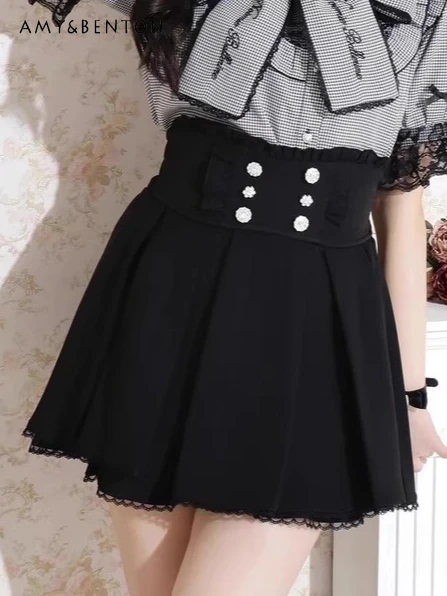 

Japanese Sweet High-Waisted Mini Skirt Heavy Craft Heart Rhinestone Beaded Double-Breasted Lace Patchwork A-Line Skirts Autumn
