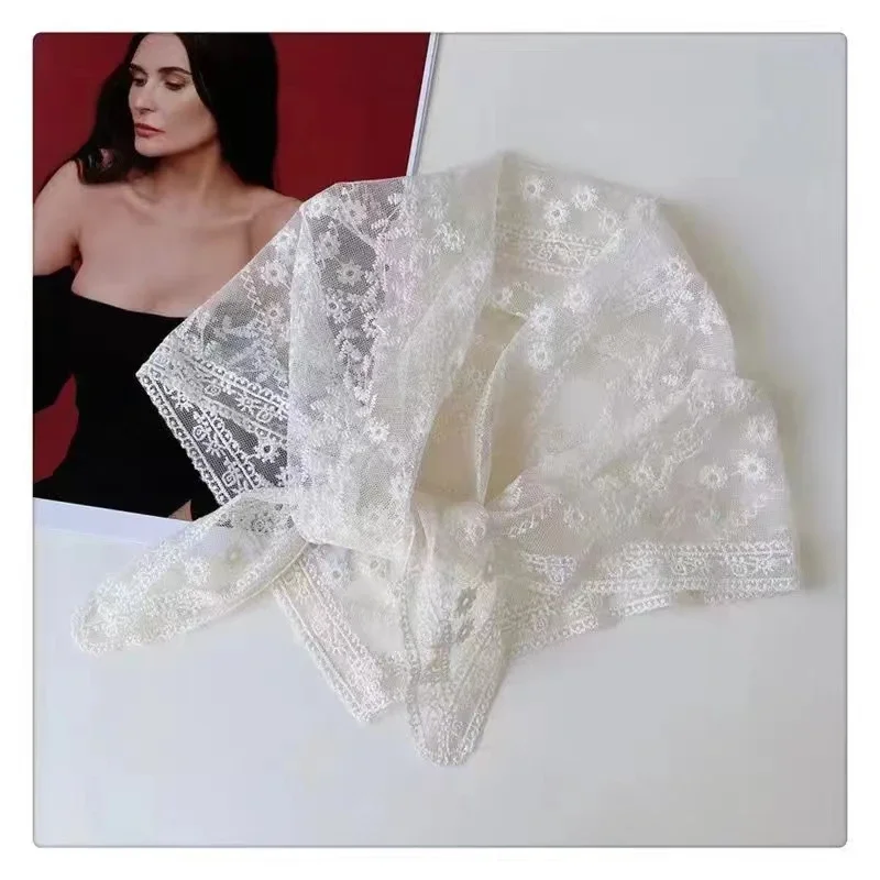 ผ้าพันคอสามเหลี่ยมลูกไม้ฝรั่งเศสวินเทจ - ฮิญาบชีฟองฤดูร้อนสําหรับผู้หญิง, เครื่องประดับผมผ้าไหมมุสลิม, ห่อสาวหวานหรูหรา