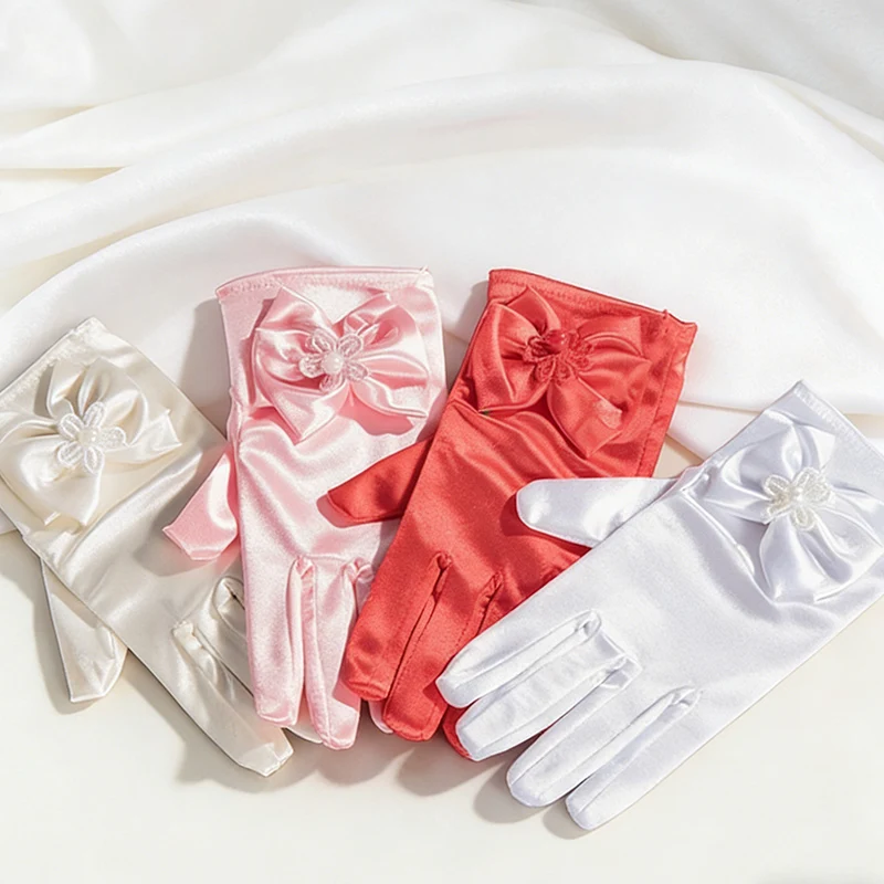 Children Aged 4-12 Years Old Gloves with Satin Satin Bow Flower Princess Birthday Etiquette Stage Performance Gloves