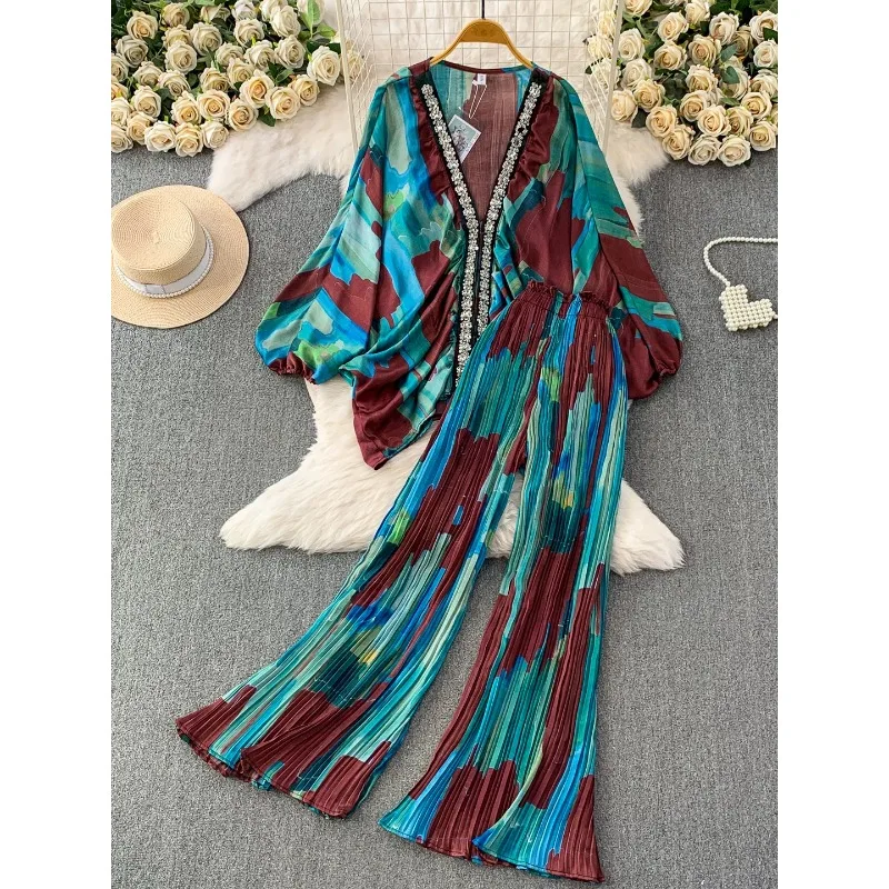 Women Floral Print Two Piece Set Lace Trim V Neck Loose Puff Sleeve Top High Waist Pleated Wide Leg Pants Casual Beach Outfit ﻿