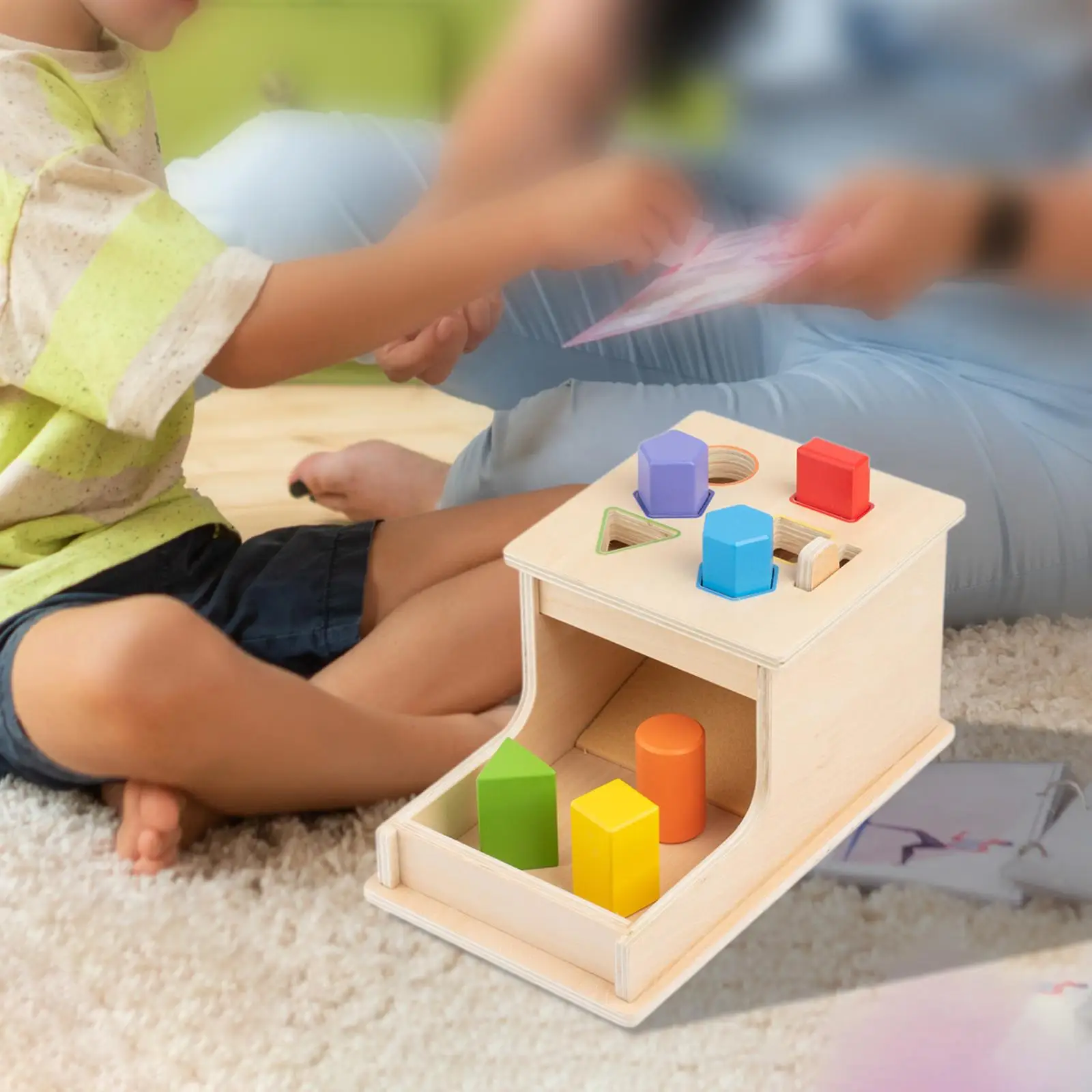 

Object Permanence Box Montessori Toy with Shape Sorting Blocks, Wooden Drop Toy, Color Shape Sorting for 2+ Year Old Kids