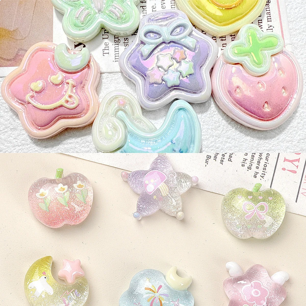 100pcs Cute Cartoon Mini Star Strawberry Resin Flatback Cabochon DIY Accessories for Phone Case Hairpin Keychain Hairband Decor