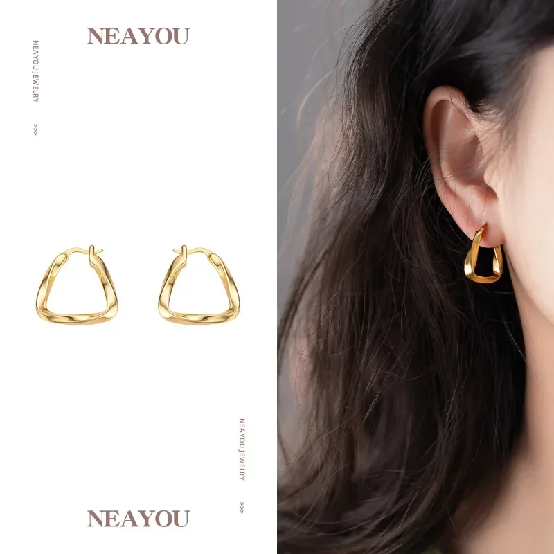 

9999 Real Gold 24K French Fashionable High-end Metal Irregular Stud Earrings, Niche Simple Temperament Triangular Mobius Ears