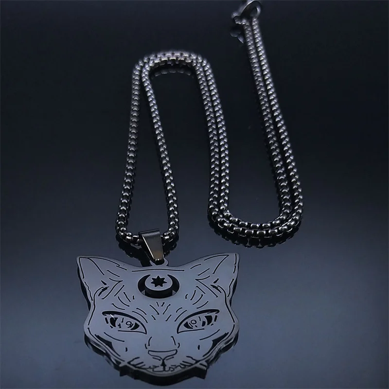 Goth Wicca Cat Moon Star Hollow Pendant Necklace Women Black Color Heptagram Witchcraft Stainless Steel Necklaces Jewelry N8574