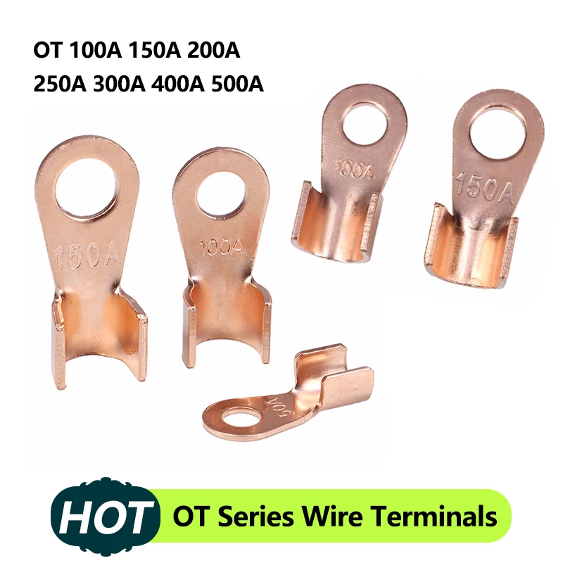 

OT 100A 150A 200A 250A 300A 400A 500A OT Series Wire Terminals Red Copper Bare Nose Lugs Crimp Open Mouth Cable Connector Splice