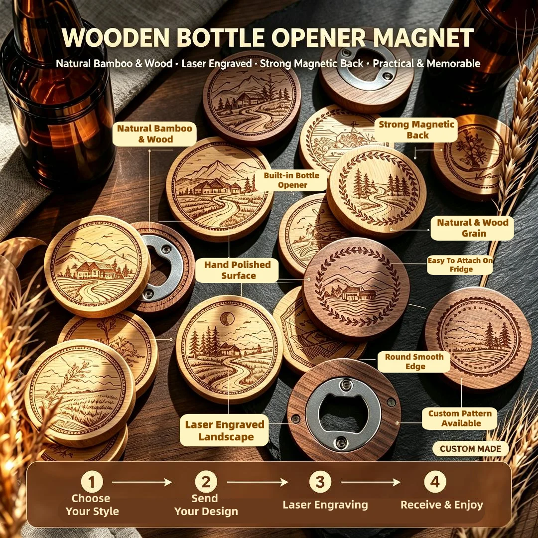 Custom Hot Selling Blank Round Wooden Bottle Opener With Printed Die Cut Wooden Refrigerator Magnet Custom Logo Gift Decor