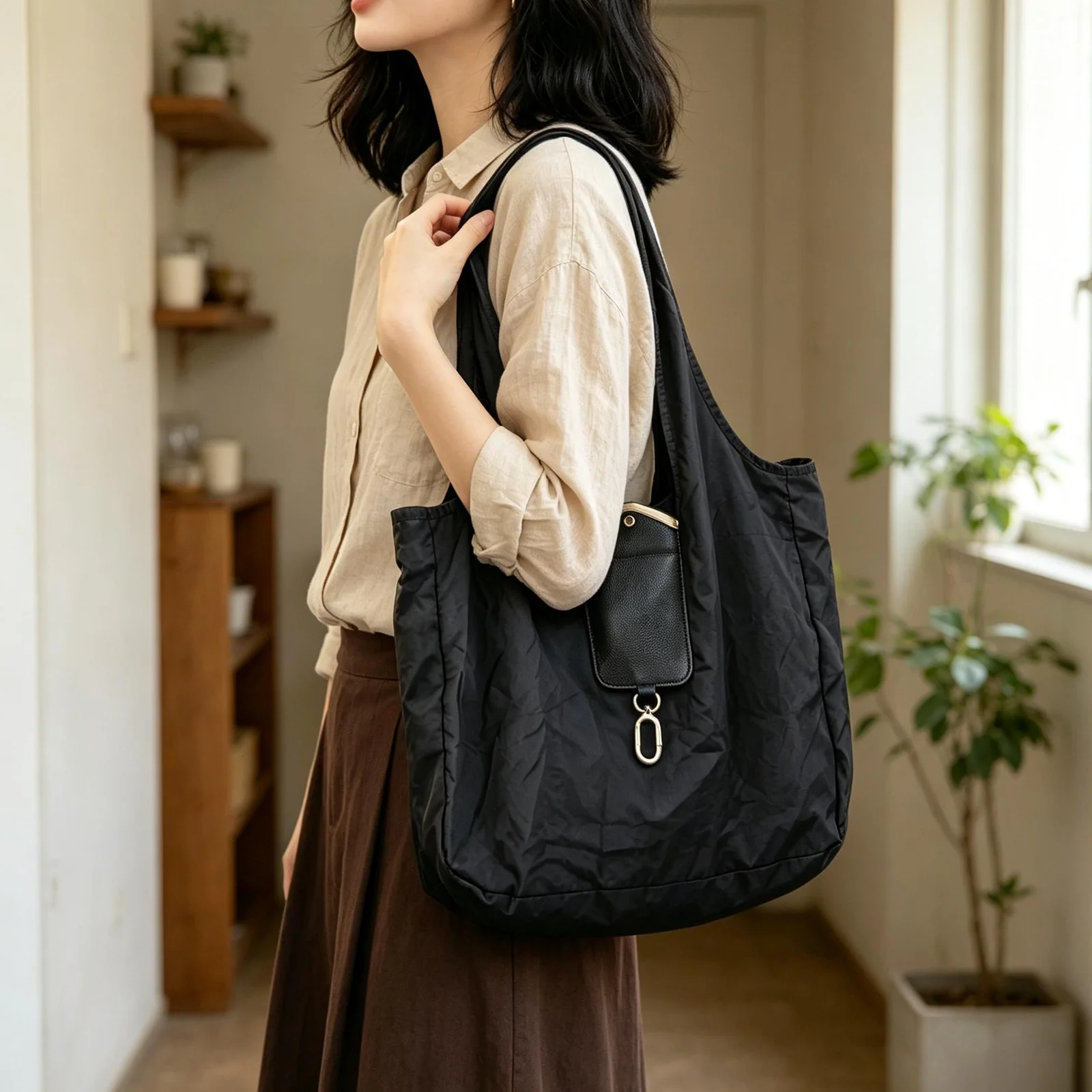Foldable Nylon Tote Bag Large Capacity Portable Shopping Bag w/ Leather Pouch Light Shoulder Bag for Daily Commute Multi-color