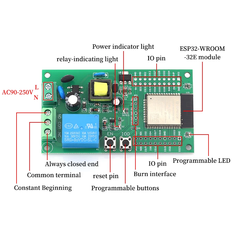 Javino AC90-250V ESP32 Single Relay Development Board Onboard ESP32E Module Pin Header For WiFi Smart Home Wireless Control