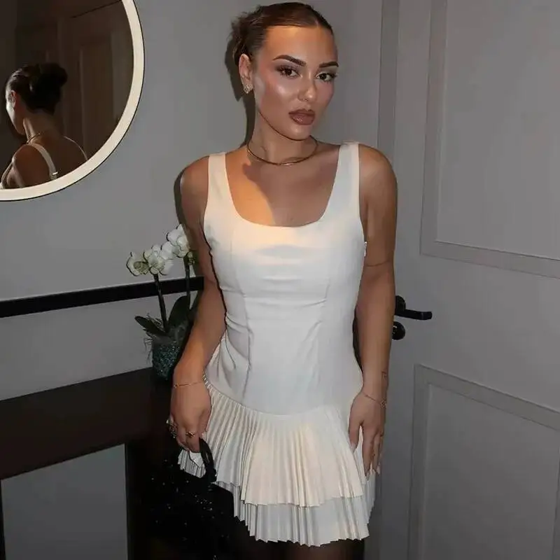 Ruffles High Street Pink Mini Dresses Sleeveless Backless Sexy Pleated Dress Square Collar Elegant Short Dress Party Dress Women