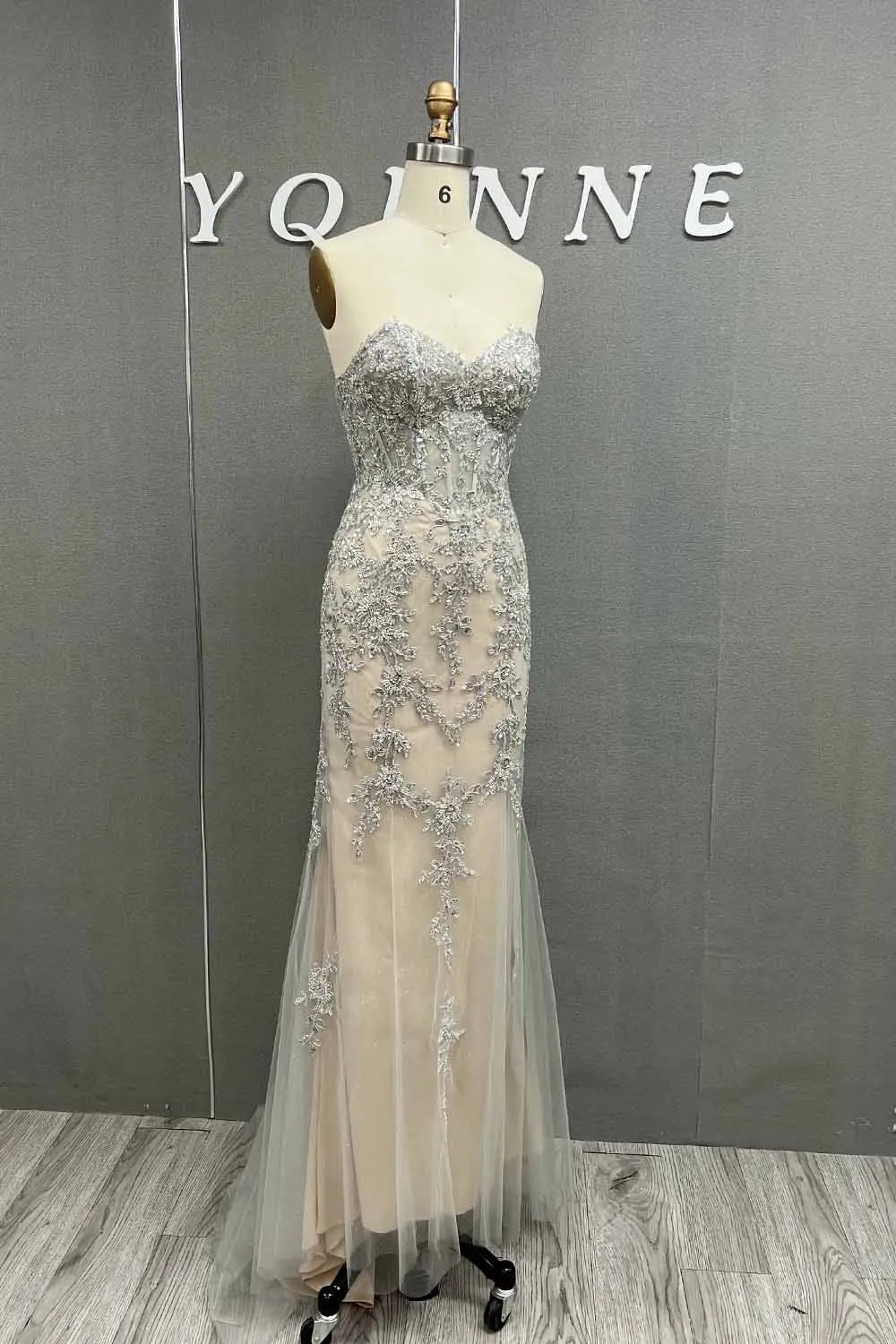 YQLNNE  Silver Nude Embroidery Beading Long Prom Dresses Strapless Tulle Mermaid Eventing Gown Lace-up