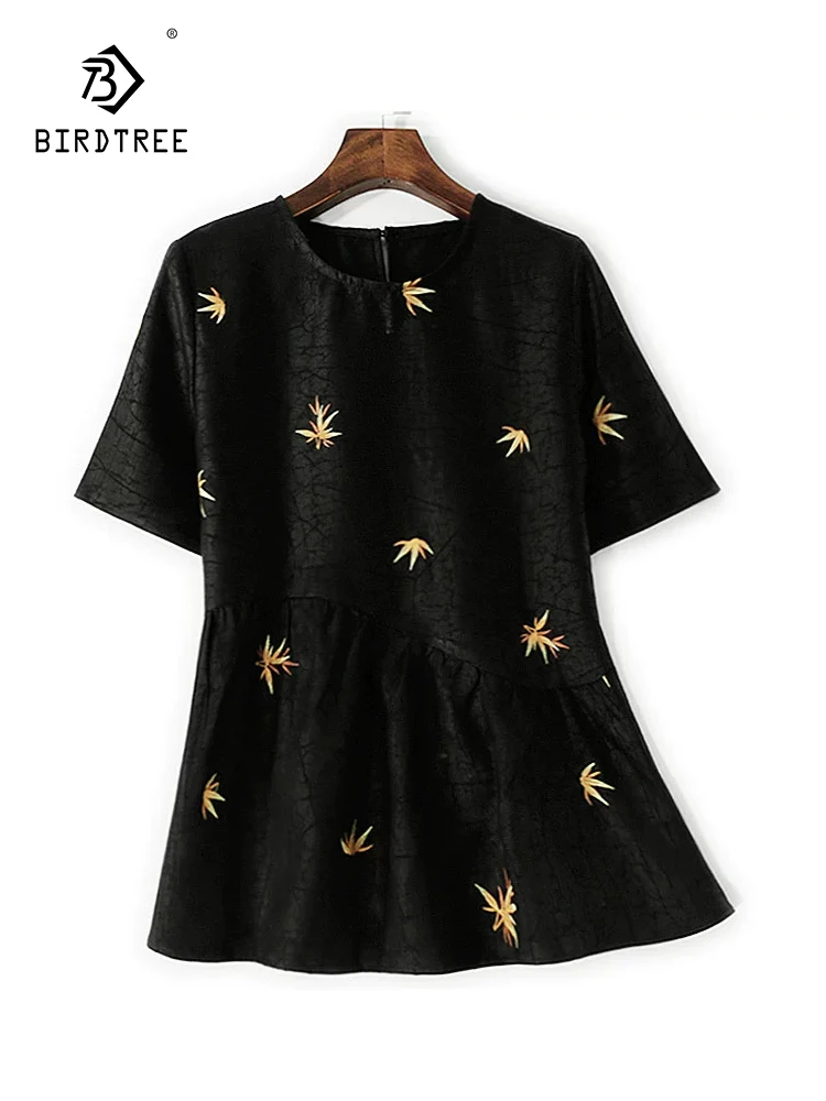 

BirdTree- 35MM Silk Watered Gauze Elegant T-Shirt, Women Short Sleeve Embroidery, Retro Commute Loose Top, 2025 Autumn T59132CC