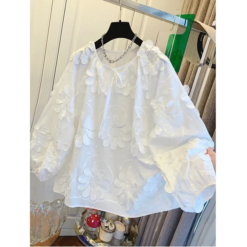 Pop Pop Retro Heavy Embroidery Long Sleeve Loose Women's Shirt Trendy Top With Belt Female Fashion Spring Autumn Sweet Style