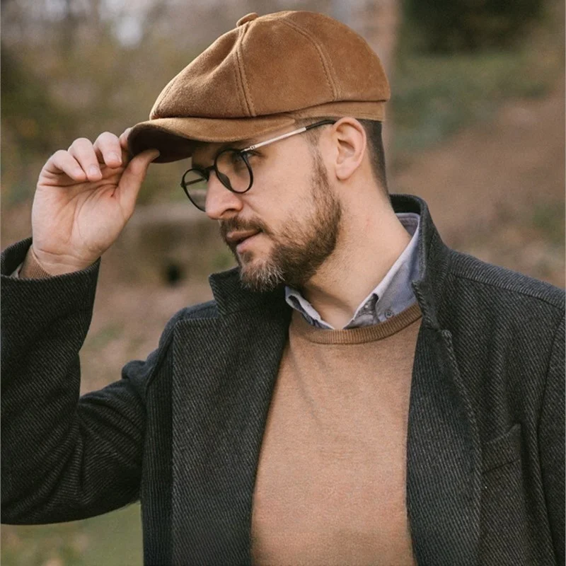 Newsboy cap men's headwear sheepskin beret trendy octagonal leather