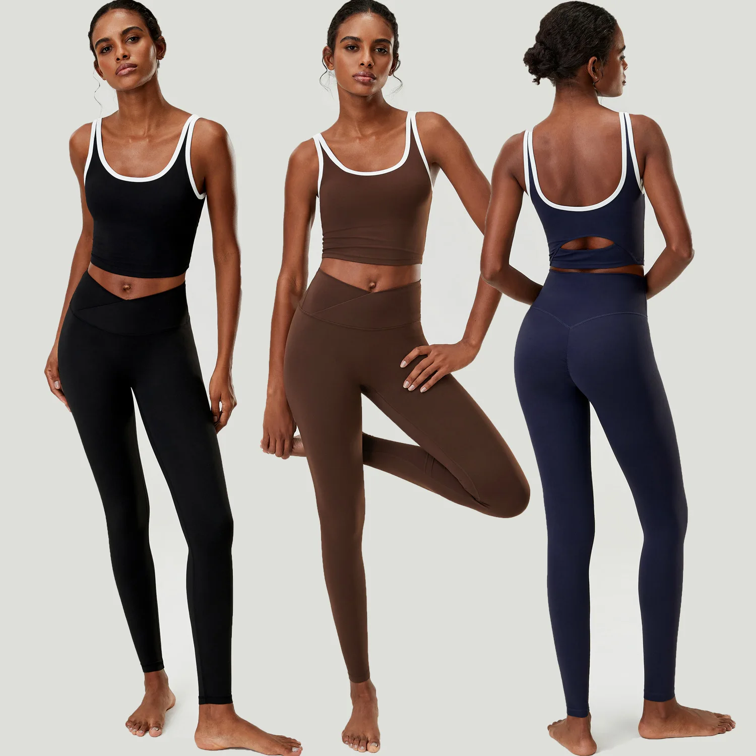 Women Yoga Set 2 Piece Color Block Trim U Back Hollow Sports Tank Top Crossover Waist Leggings Fitness Running Workout Gym Set