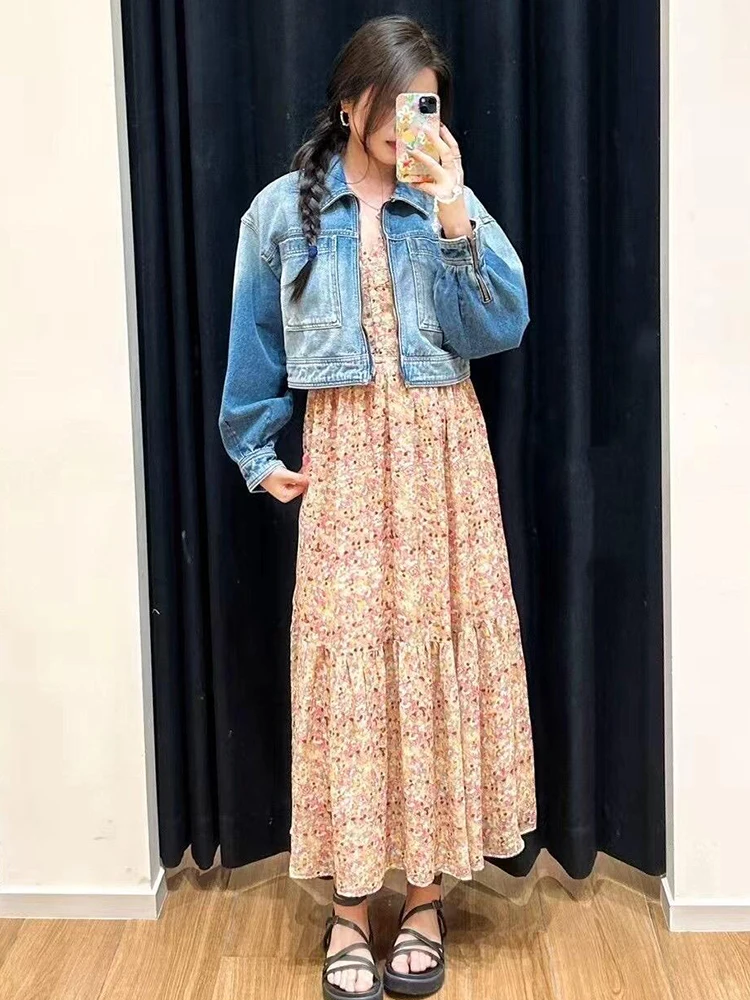 

Ele Long Waist-Cinching V-Ne Floral Print Dr Summer Autumn Commute Sle High Waist A-Line Skirt ort Sve