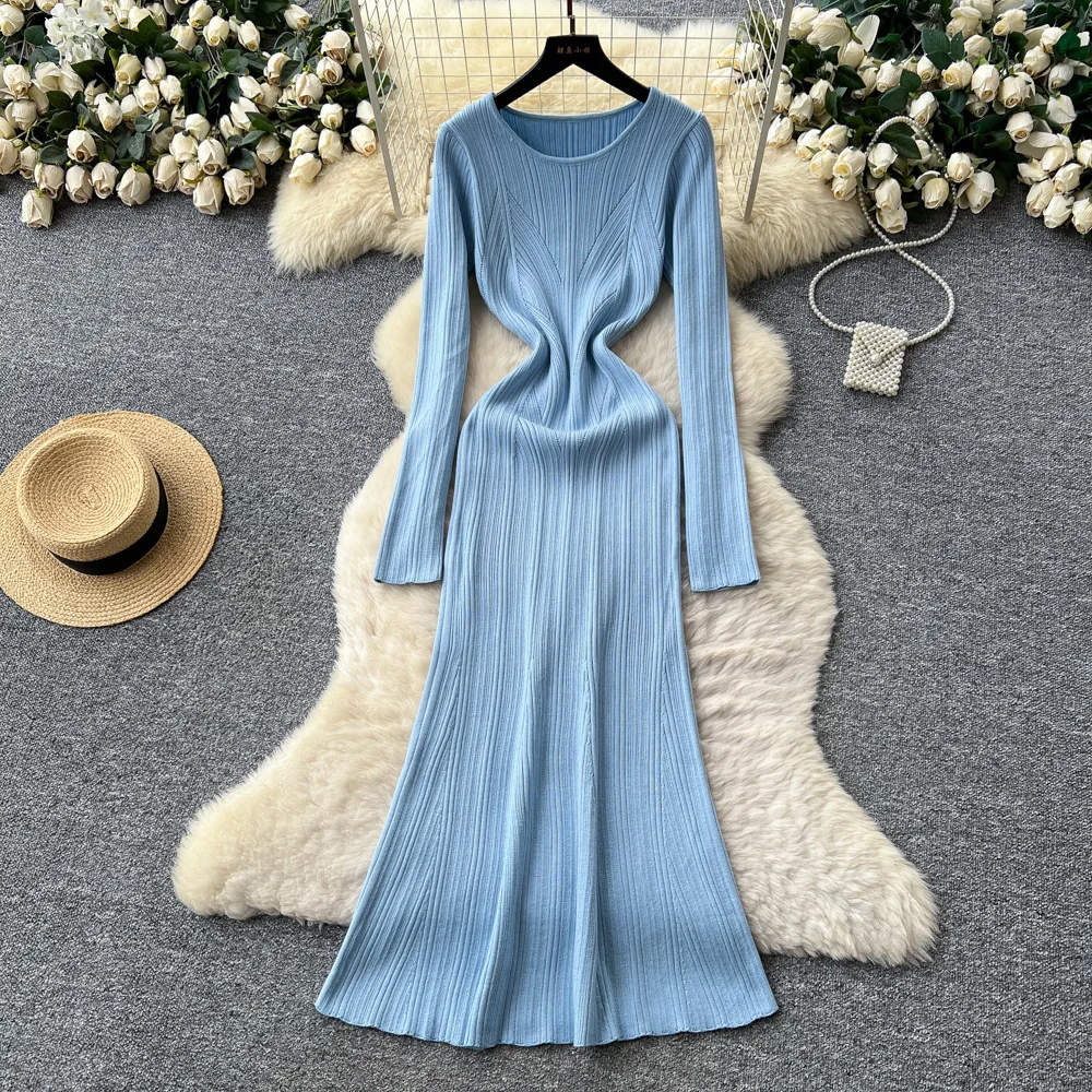 

Women Dresses Long Dress Knit Vestidos Y2k Streetwear Elegant Party Night Work Tight Waist Slim Fit Round Neck Autumn Winter