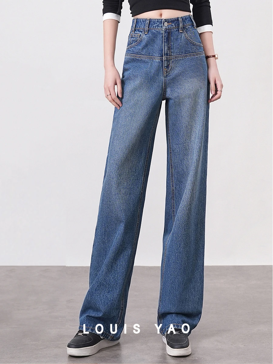 

LOUIS YAO Women Jeans 2024 Spring New Loose Fit Straight Wide Leg Pants Washed High Waist Long Denim Troursers