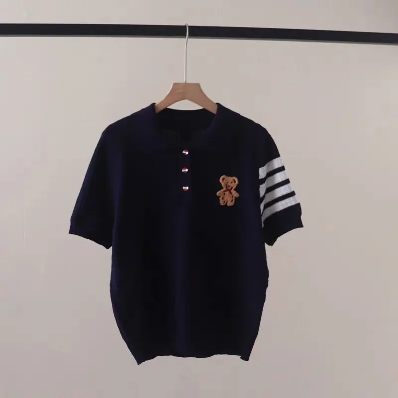 Women Cartoon Embroidery Short Sleeve Knit T-shirt Summer Chic Striped Slim Tops Preppy Style Button Turn-down Collar Pullovers