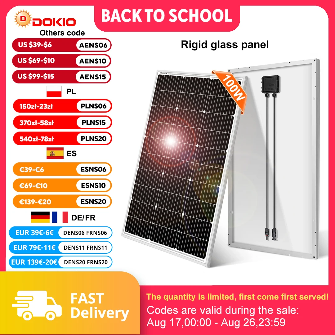 DOKIO Panneau Solaires 18V Panneaux 100WSolar Panel Wasserdichte Photovoltaico Paneles Für Camping/Powerbank/12V Batterie/Campervan