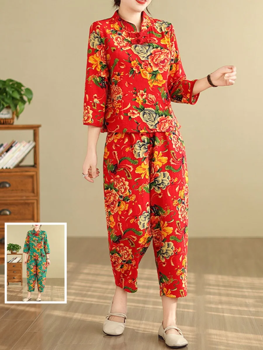 

Комплект из хлопка и льна в стиле ретро, женский модный воротник-стойка, брюки-харлан на пуговицах, комплект из двух предметов, летний цветочный принт
