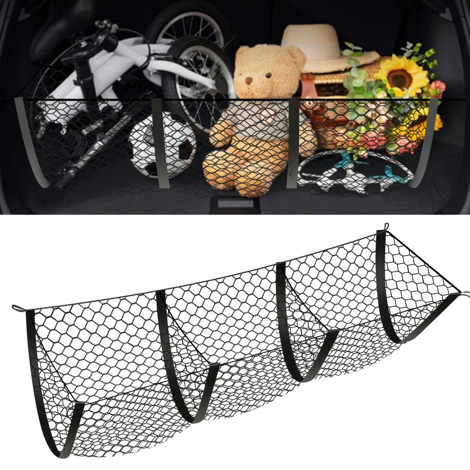 

3 Pockets Cargo Net for Truck Bed Trunk Storage Elastic Heavy-Duty Luggage Holder Car Rear Cargo SUV Pickup Netting Organizer