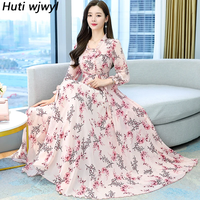 Female Pink Floral Chiffon Maxi Dress Spring Autumn Casual Boho Ruffled Collar Beach Dress 2024 Vintage Bodycon Party Long Dress