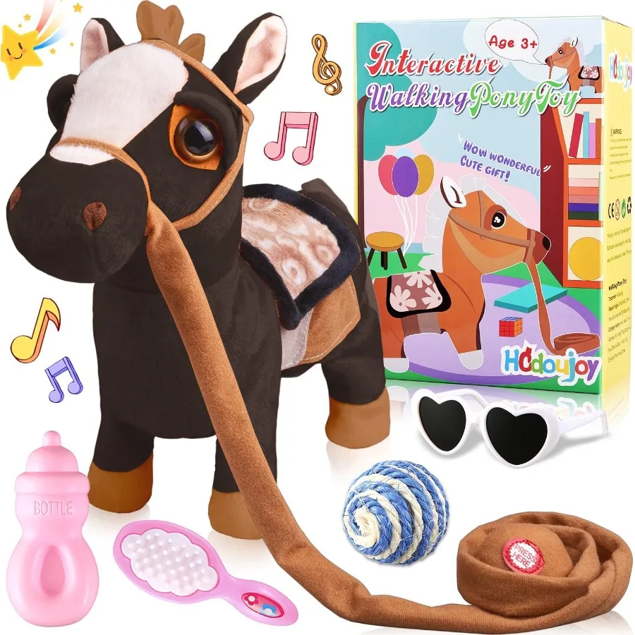 

Black Walking Pony Plush Interactive Toy with Singing Dancing Features Realistic Design Shaking Leash for Boys Girls Birthday C