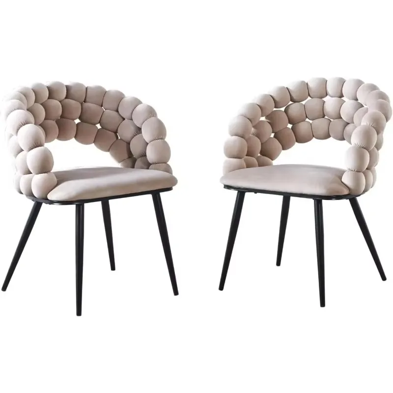 

White Woven Velvet Barrel Accent Chairs with Black Metal Legs, Upholstered Armchair for Dining Room Vanity Living Room