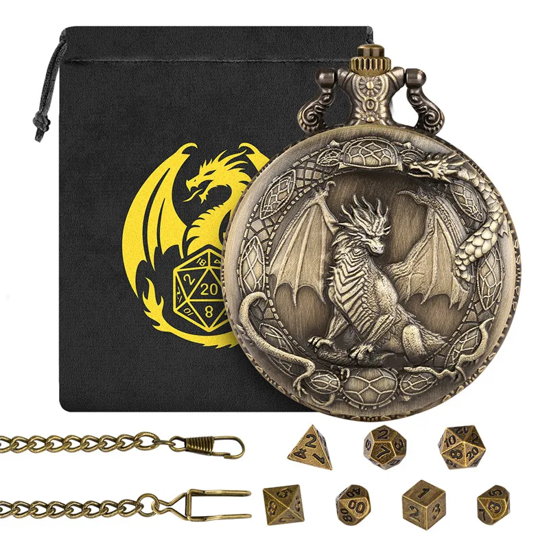 

Mini DND Dice Set with Border Standing Dragon Pattern Pocket Watch Case 7pcs Tiny Polyhedral Metal Dice for RPG Gaming with Bag